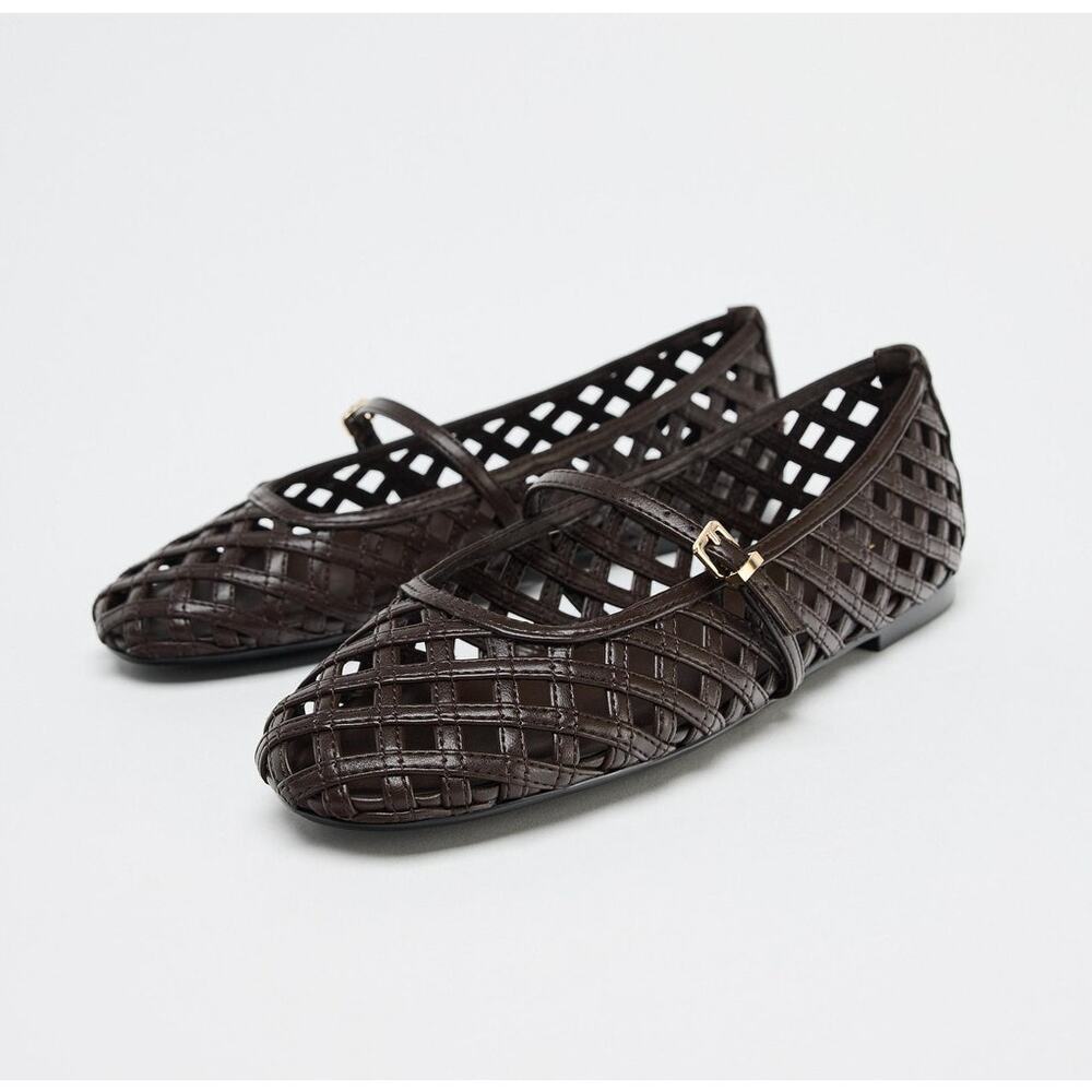Zara Dark Brown Woven Mary Jane Flats - Picture 10 of 14